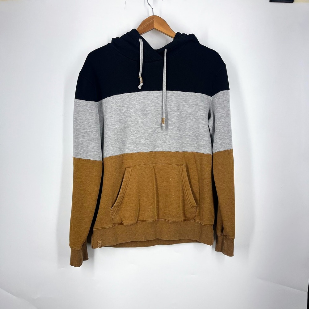TenTree Mens Colorblock Pullover Hoodie Black Grey Tan Pocket‎ Sweatshirt Size M